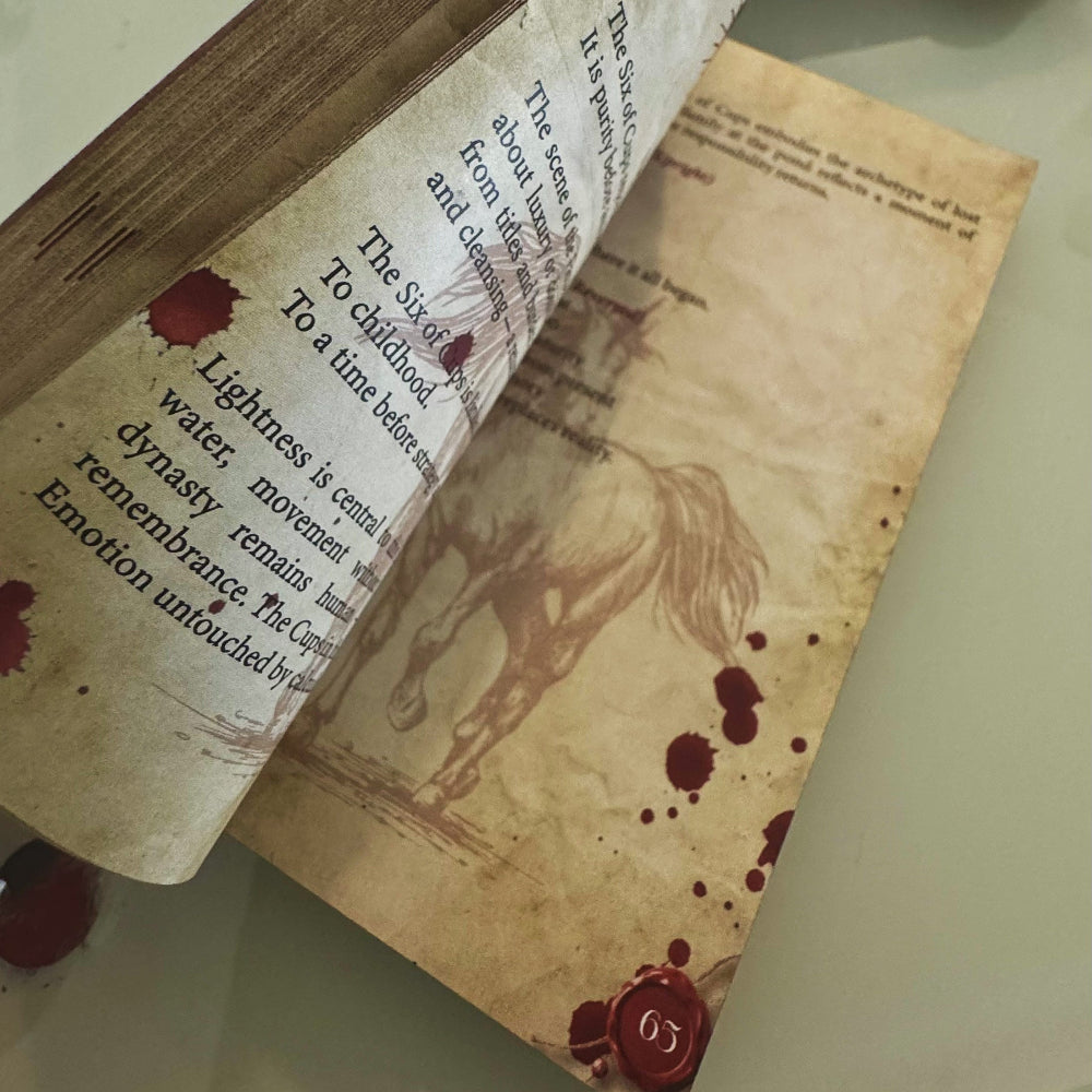 Close-up of a book with text and illustrations on a plain background