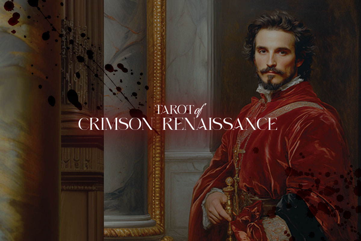 A Renaissance-style portrait painting of a bearded man in a rich red robe, with overlaid text reading &