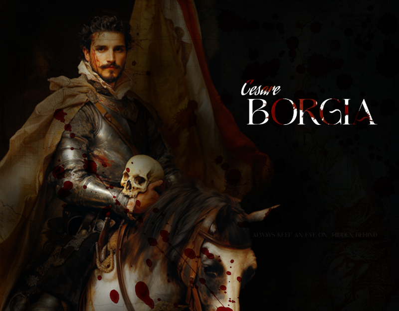 Man in armor holding a skull on a horse, with 'Othello Borgia' branding.