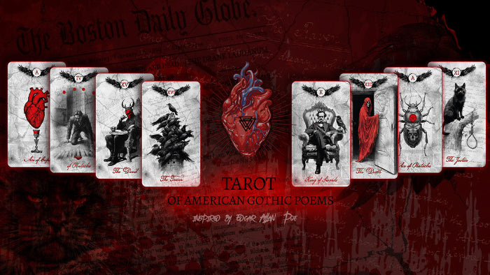 Set of tarot cards with gothic design on a dark red background