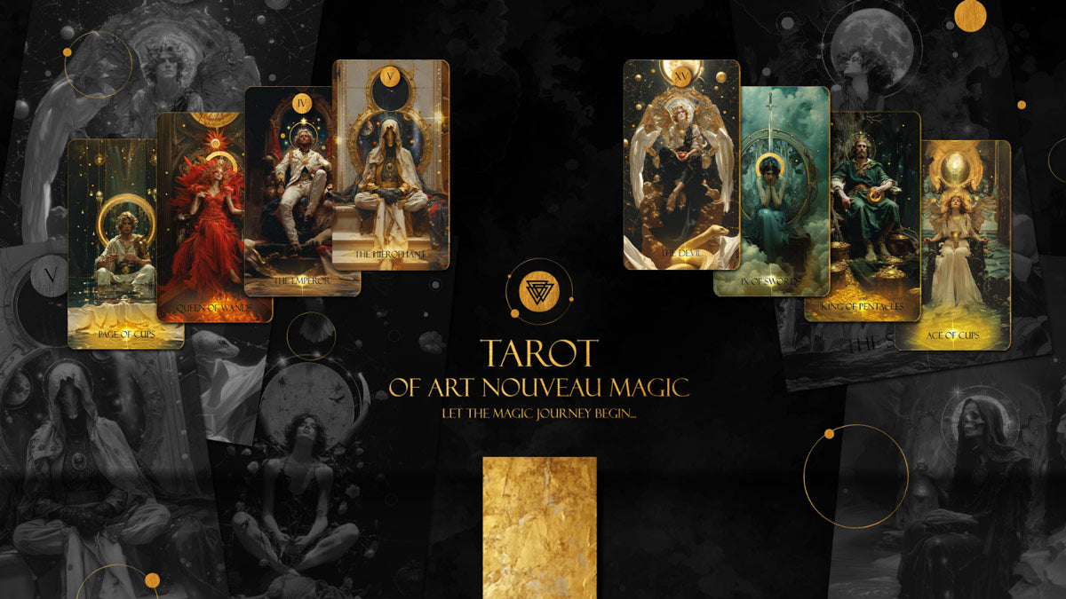 Art Nouveau magic tarot cards with dark background and gold accents
