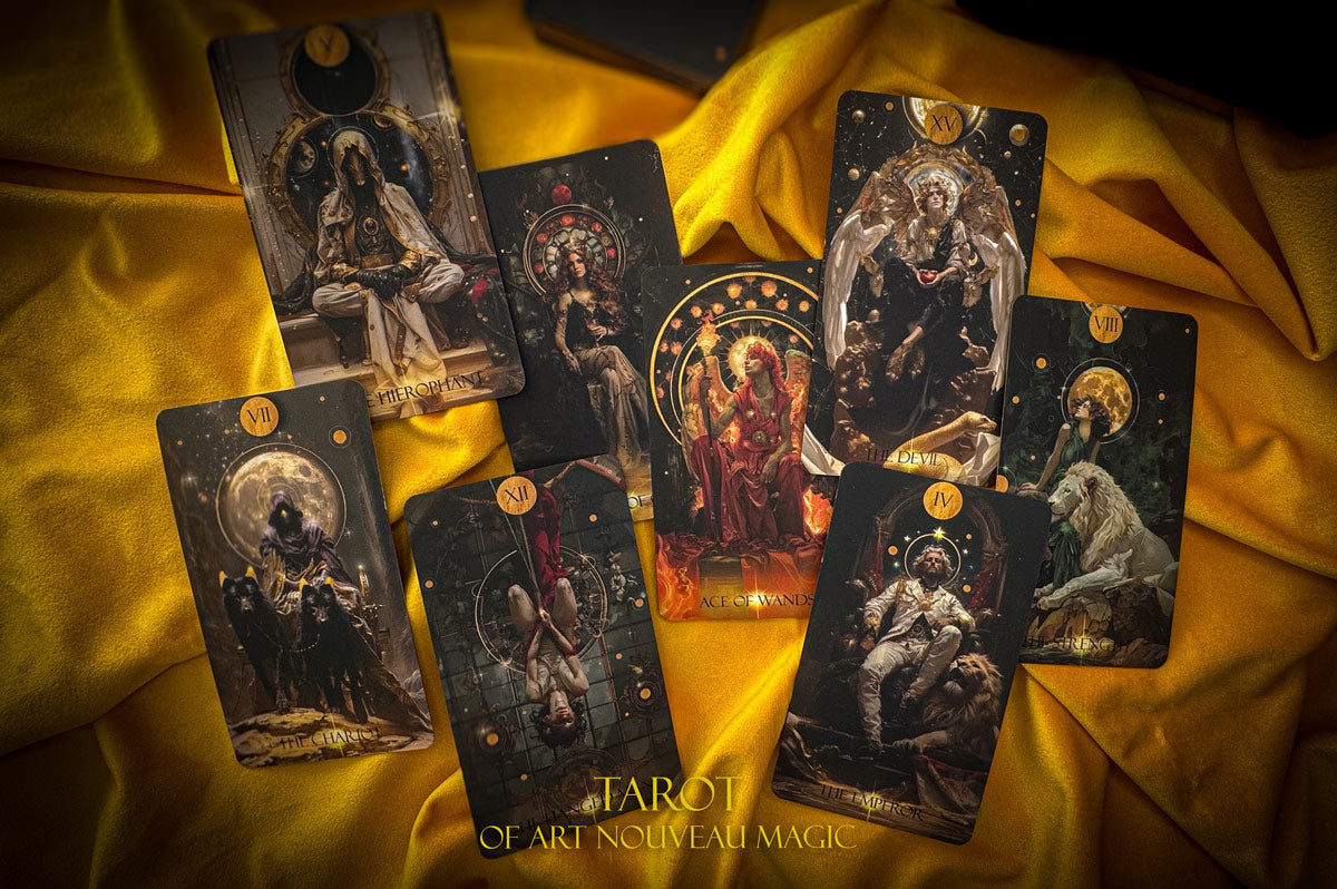 Set of tarot cards on a yellow fabric background