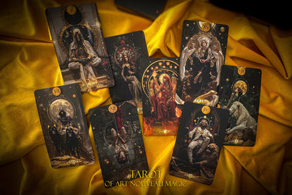 Set of tarot cards on a yellow fabric background