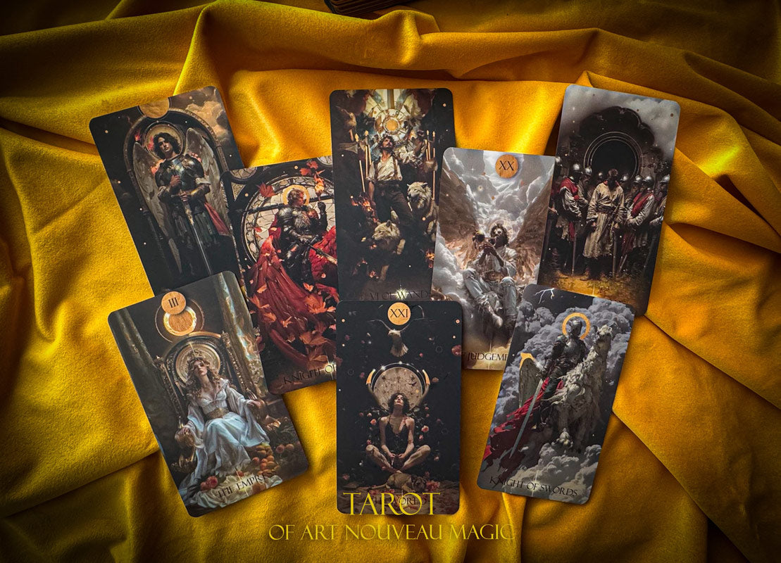Set of tarot cards on a yellow fabric background