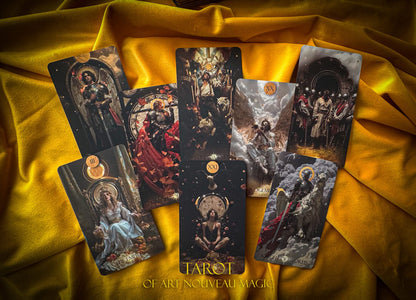Set of tarot cards on a yellow fabric background