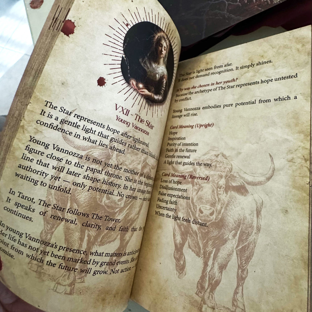 Open book with astrological illustrations and text, featuring a bull and a woman&