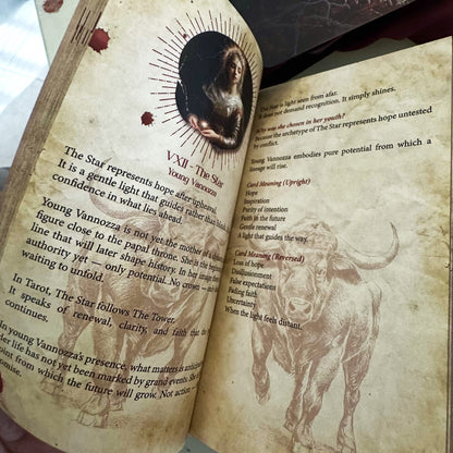 Open book with astrological illustrations and text, featuring a bull and a woman&