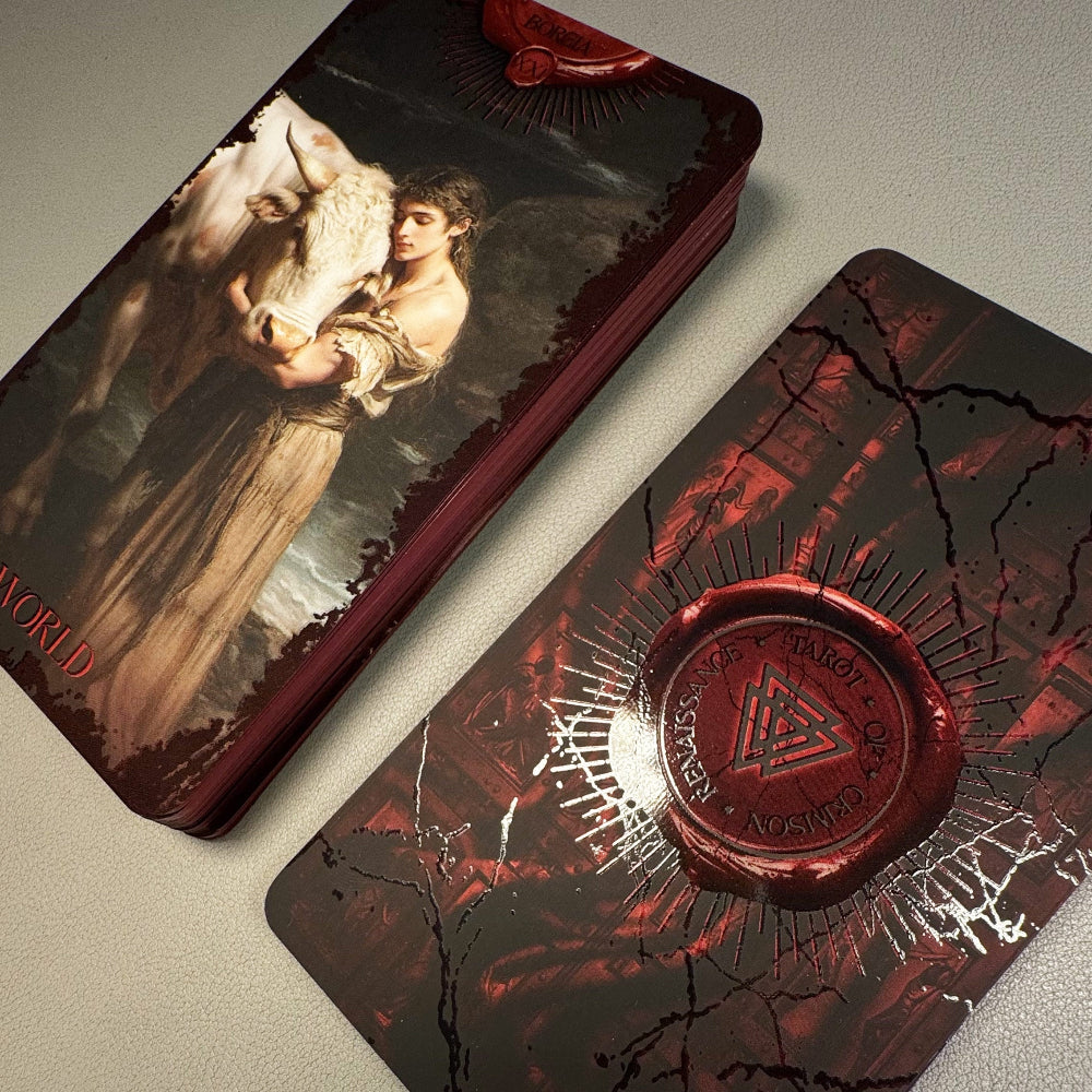 Decorative box with artistic design and red wax seal on a neutral background