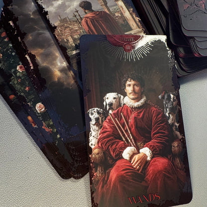 Tarot cards with a central card featuring a person in red attire and dogs, surrounded by other tarot cards.