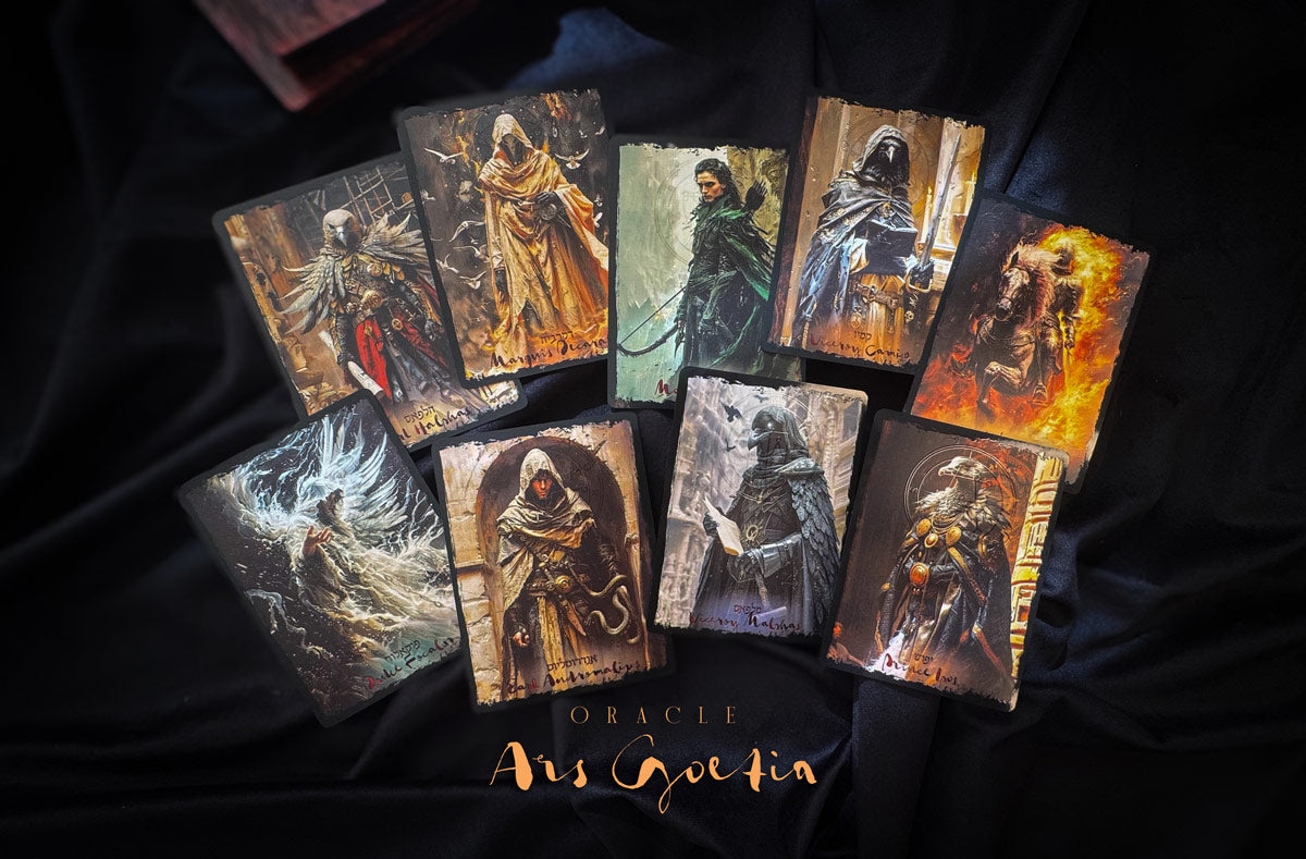 Collection of oracle cards with artistic illustrations on a dark fabric background