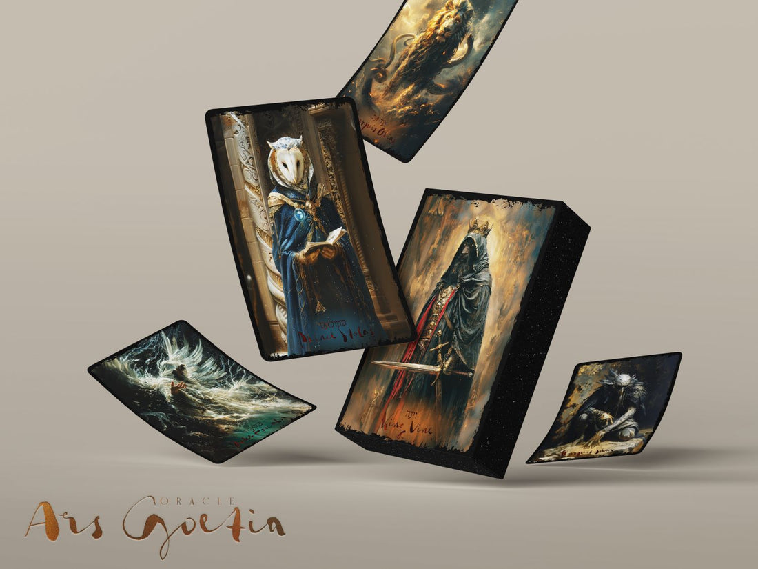 Set of artistic cards with fantasy-themed illustrations on a beige background