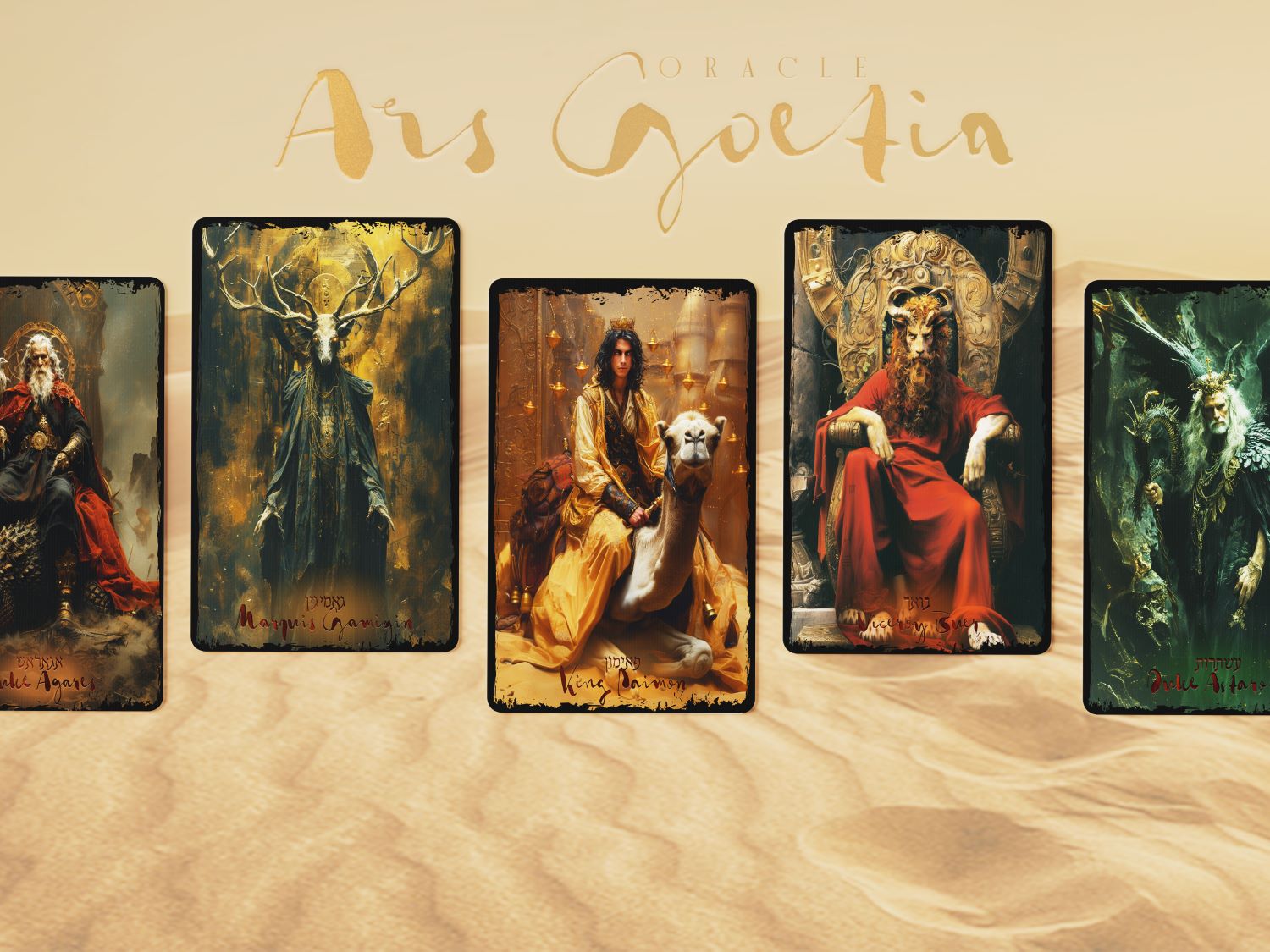 Set of tarot cards with artistic illustrations on a beige background