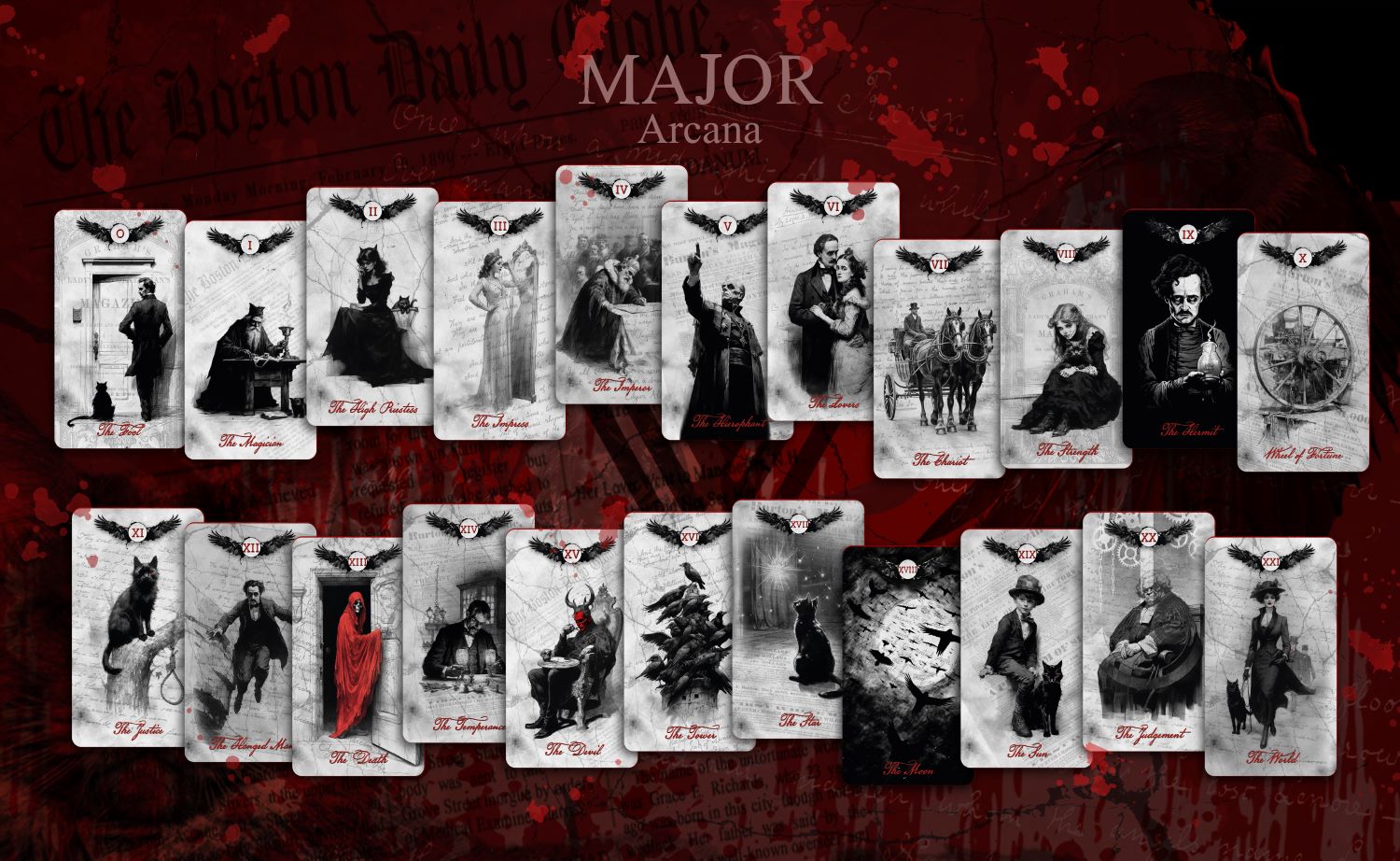 Set of tarot cards with a dark, gothic design on a red background.