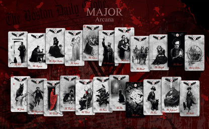 Set of tarot cards with a dark, gothic design on a red background.