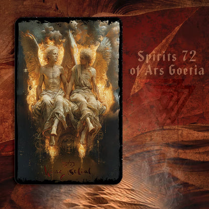 Card featuring two angelic figures with wings on a dark background, labeled &