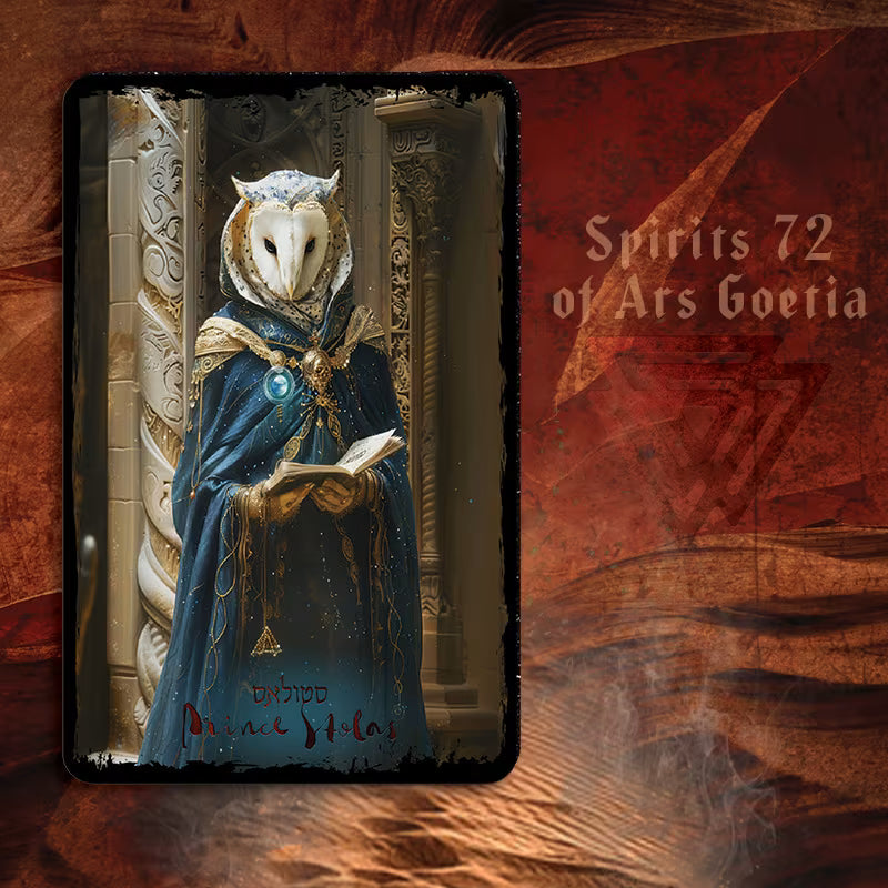 Card featuring an owl in a blue robe with &