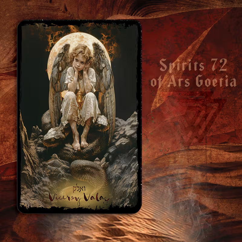 Card featuring an angel with wings and a snake, titled &